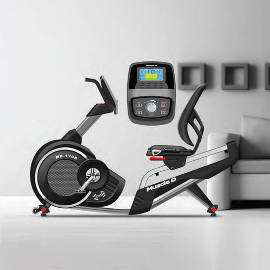 Light Commercial Recumbent Bike - Muscle D Fitness - LED Display - Heart Rate Monitor - Adjustable Seat - On Wheels for Easy Movement